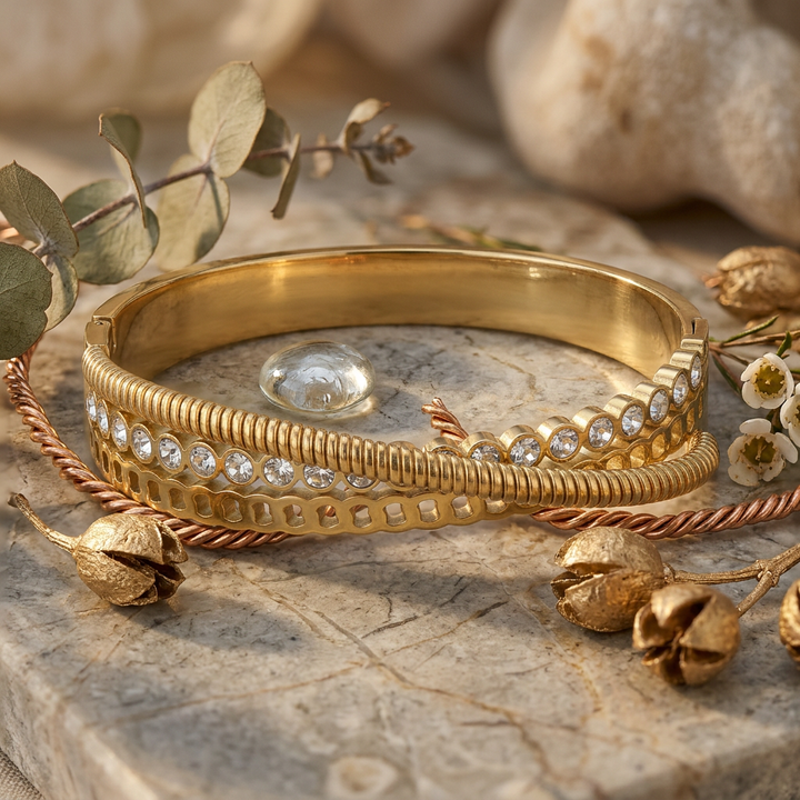Delemon gold Verona triple layer crossover bangle bracelet with bezel-set crystals and textured rope strands in waterproof 18k gold plated stainless steel