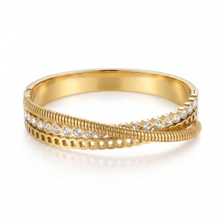 Delemon gold Verona triple layer crossover bangle bracelet with bezel-set crystals and textured rope strands in waterproof 18k gold plated stainless steel