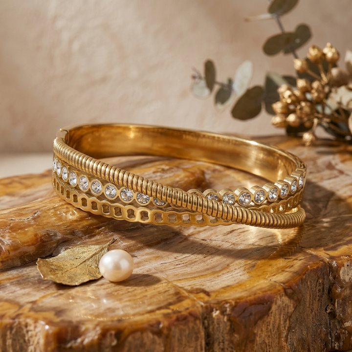 Delemon gold Verona triple layer crossover bangle bracelet with bezel-set crystals and textured rope strands in waterproof 18k gold plated stainless steel