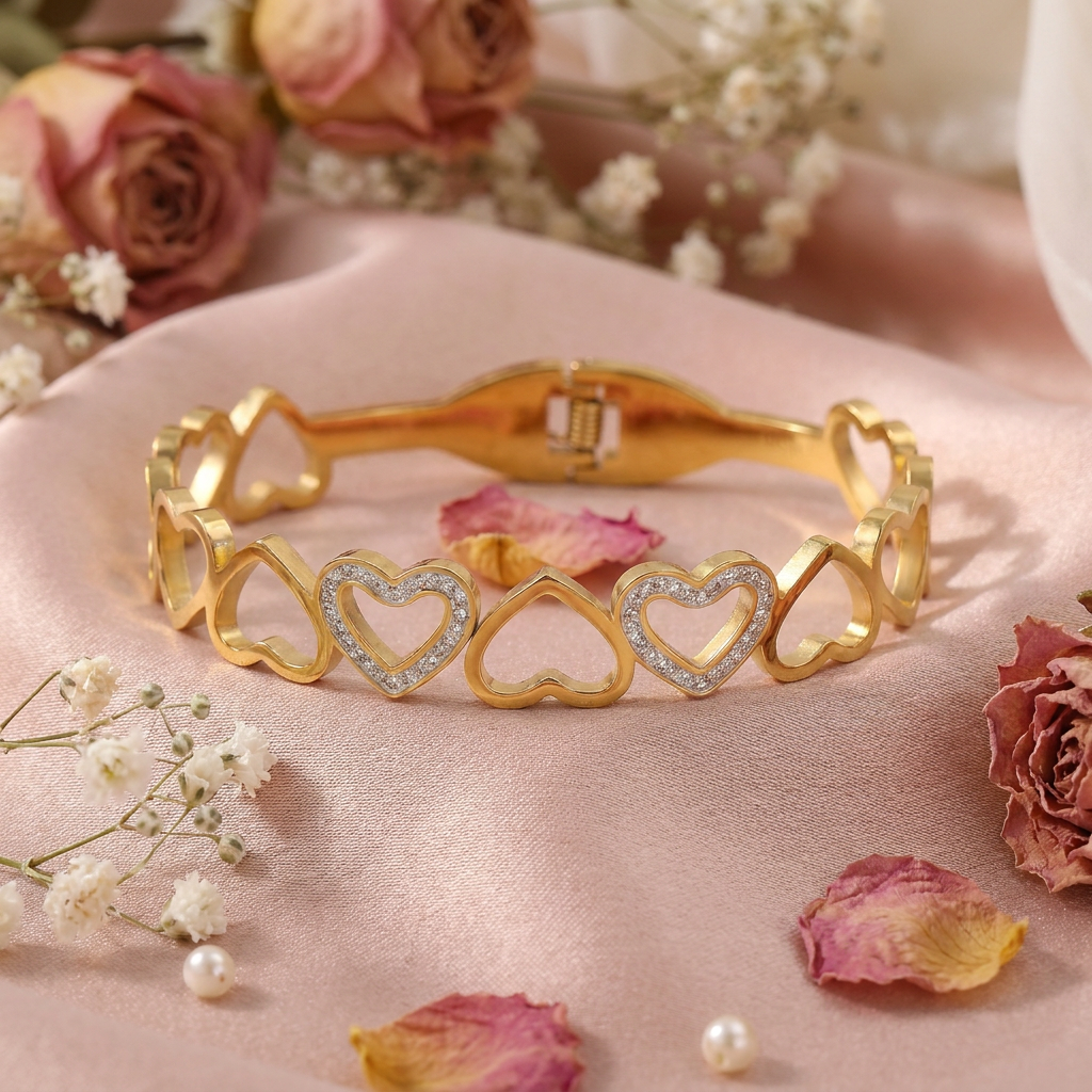 Delemon gold open-heart interlocking link bangle bracelet with alternating pavé crystal hearts in waterproof 18k gold plated stainless steel