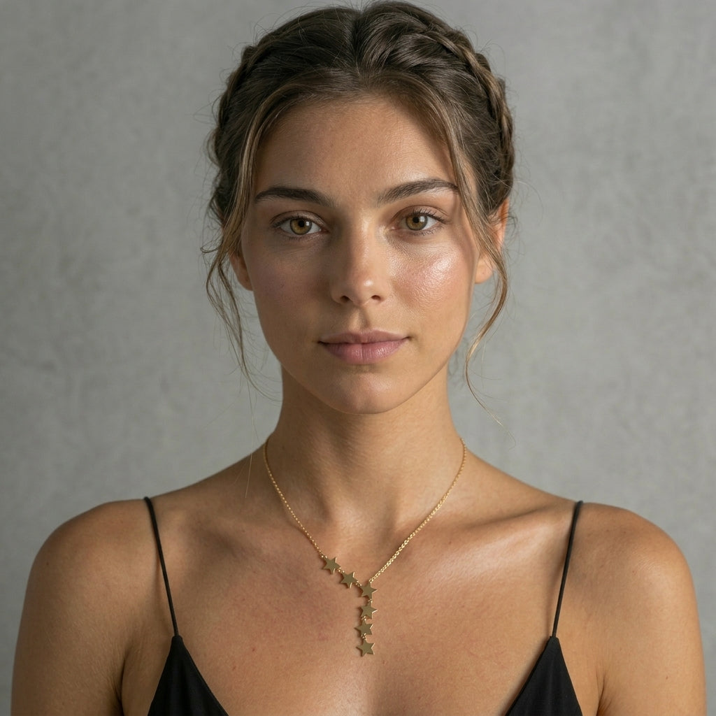 Delemon high-quality gold plated delicate chain necklace featuring an asymmetrical side-swept cascade of small star charms