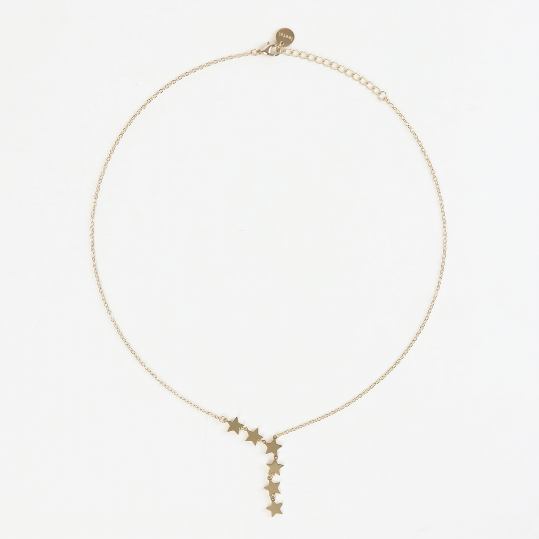 Delemon high-quality gold plated delicate chain necklace featuring an asymmetrical side-swept cascade of small star charms
