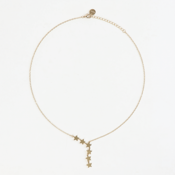 Delemon high-quality gold plated delicate chain necklace featuring an asymmetrical side-swept cascade of small star charms