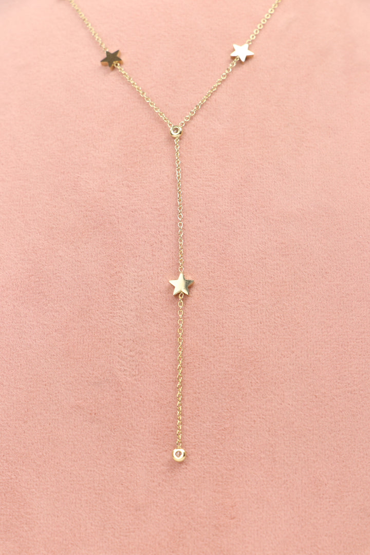 Delemon high-quality gold plated Y-shaped lariat chain necklace featuring star charms and small round crystals front view.