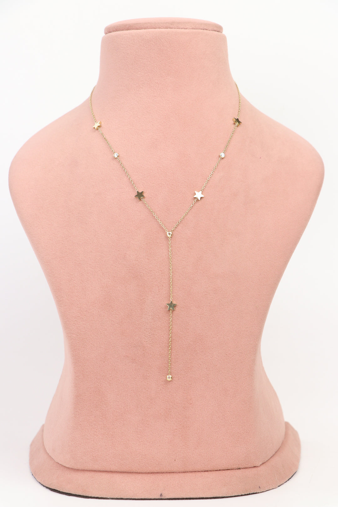 Delemon high-quality gold plated Y-shaped lariat chain necklace featuring star charms and small round crystals full front view.