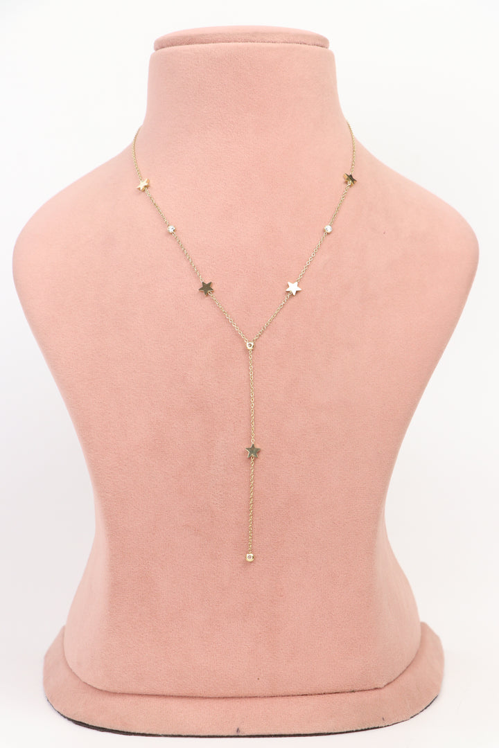 Delemon high-quality gold plated Y-shaped lariat chain necklace featuring star charms and small round crystals full front view.