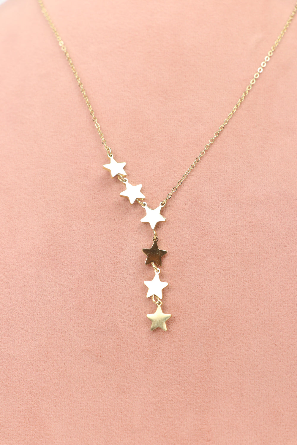 Delemon high-quality gold plated Y-shaped lariat chain necklace with dangling star charms front view.