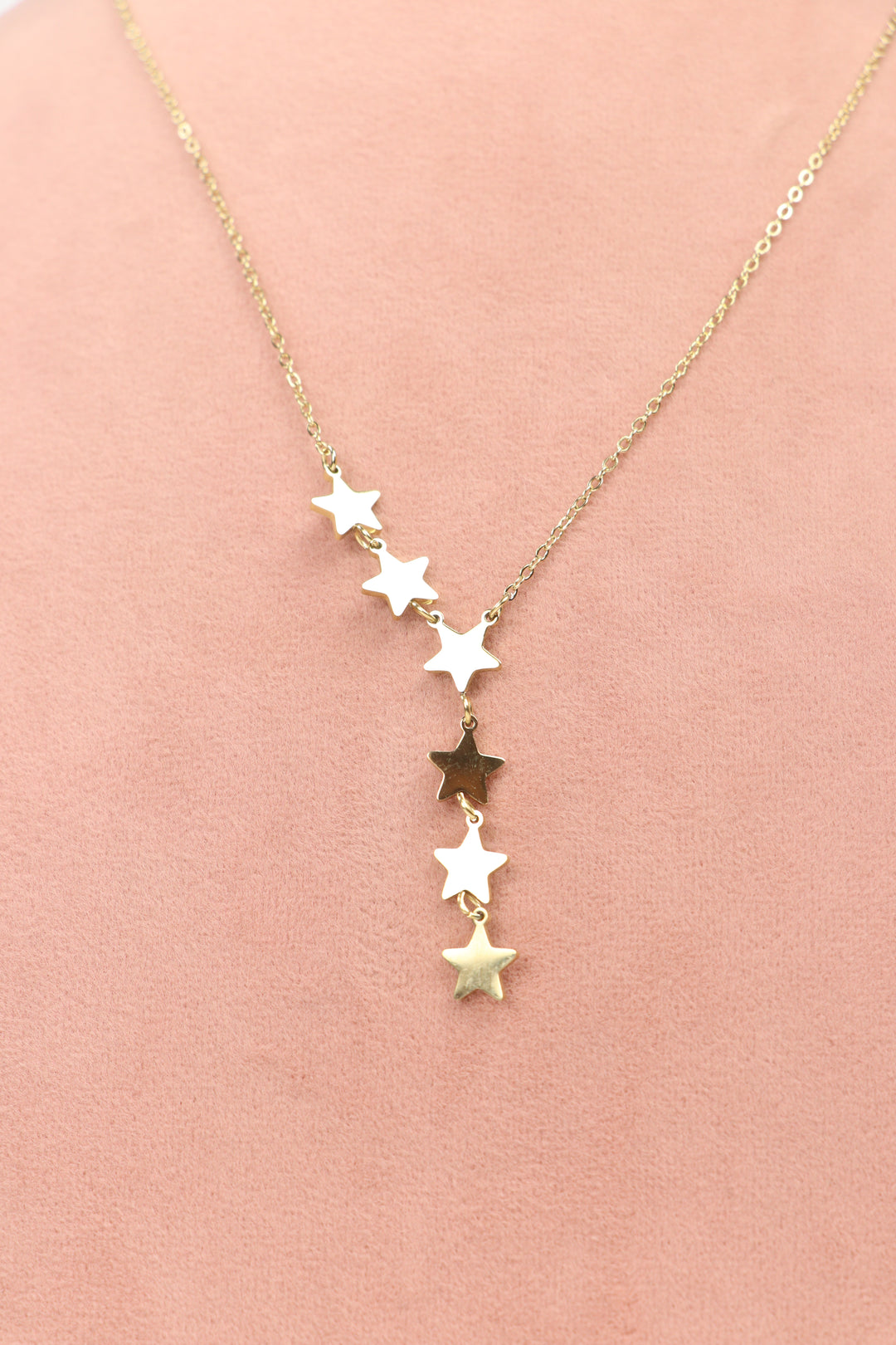 Delemon high-quality gold plated Y-shaped lariat chain necklace with dangling star charms front view.