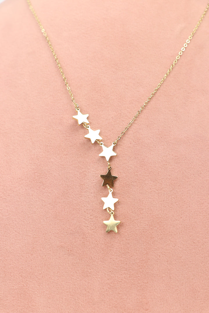 Delemon high-quality gold plated Y-shaped lariat chain necklace with dangling star charms front view.