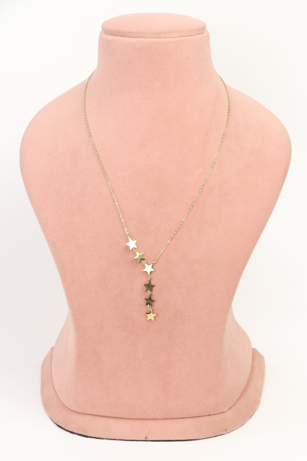 Delemon high-quality gold plated Y-shaped lariat chain necklace with dangling star charms full front view.