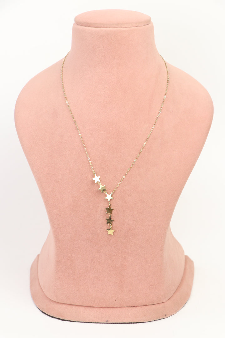 Delemon high-quality gold plated Y-shaped lariat chain necklace with dangling star charms full front view.
