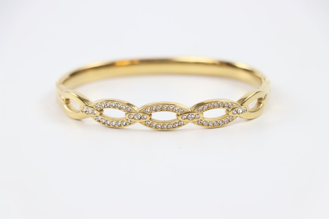 Delemon gold Seraphina infinity loop rigid bangle bracelet with micro-pavé crystal borders in waterproof 18k gold plated stainless steel