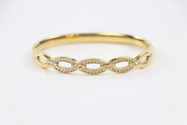 Delemon gold Seraphina infinity loop rigid bangle bracelet with micro-pavé crystal borders in waterproof 18k gold plated stainless steel