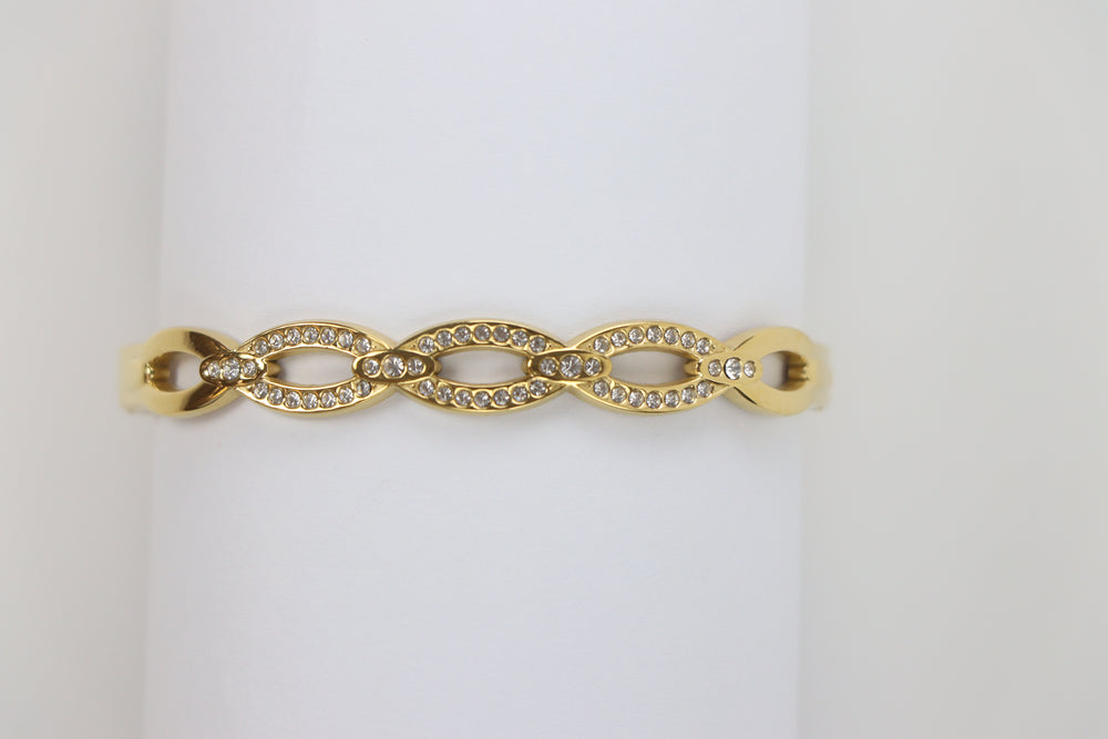 Delemon gold Seraphina infinity loop rigid bangle bracelet with micro-pavé crystal borders in waterproof 18k gold plated stainless steel