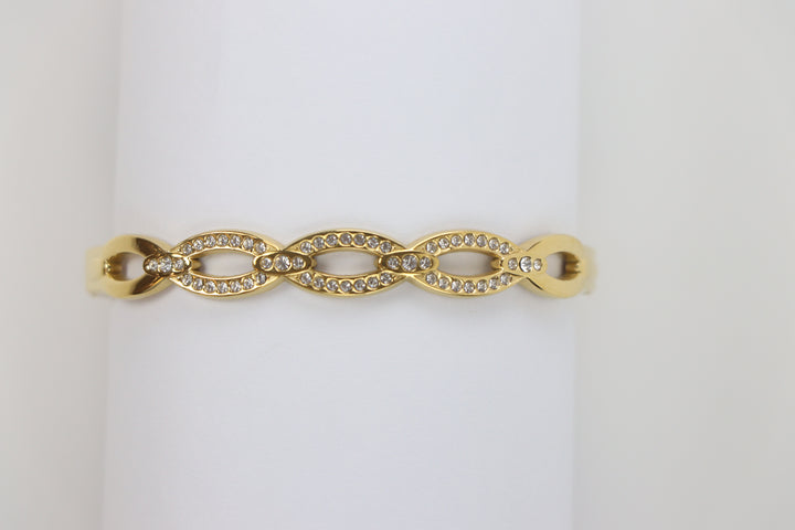 Delemon gold Seraphina infinity loop rigid bangle bracelet with micro-pavé crystal borders in waterproof 18k gold plated stainless steel