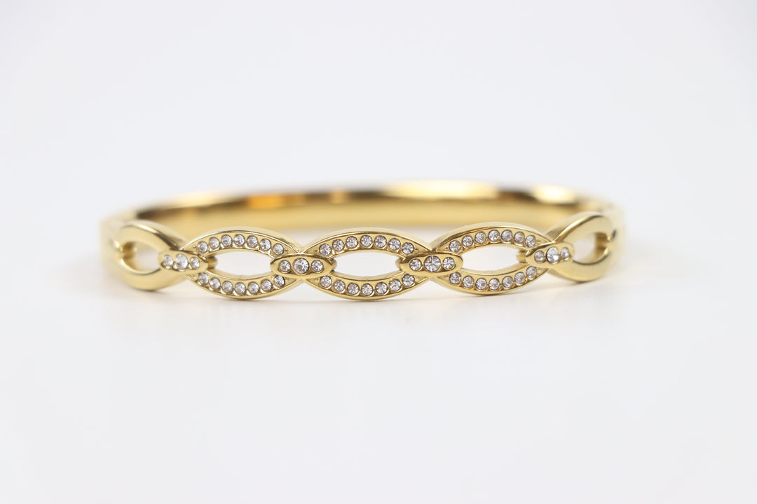 Delemon gold Seraphina infinity loop rigid bangle bracelet with micro-pavé crystal borders in waterproof 18k gold plated stainless steel