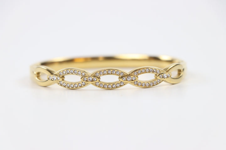 Delemon gold Seraphina infinity loop rigid bangle bracelet with micro-pavé crystal borders in waterproof 18k gold plated stainless steel