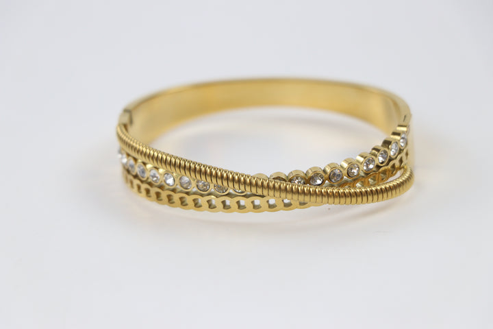 Delemon gold Verona triple layer crossover bangle bracelet with bezel-set crystals and textured rope strands in waterproof 18k gold plated stainless steel