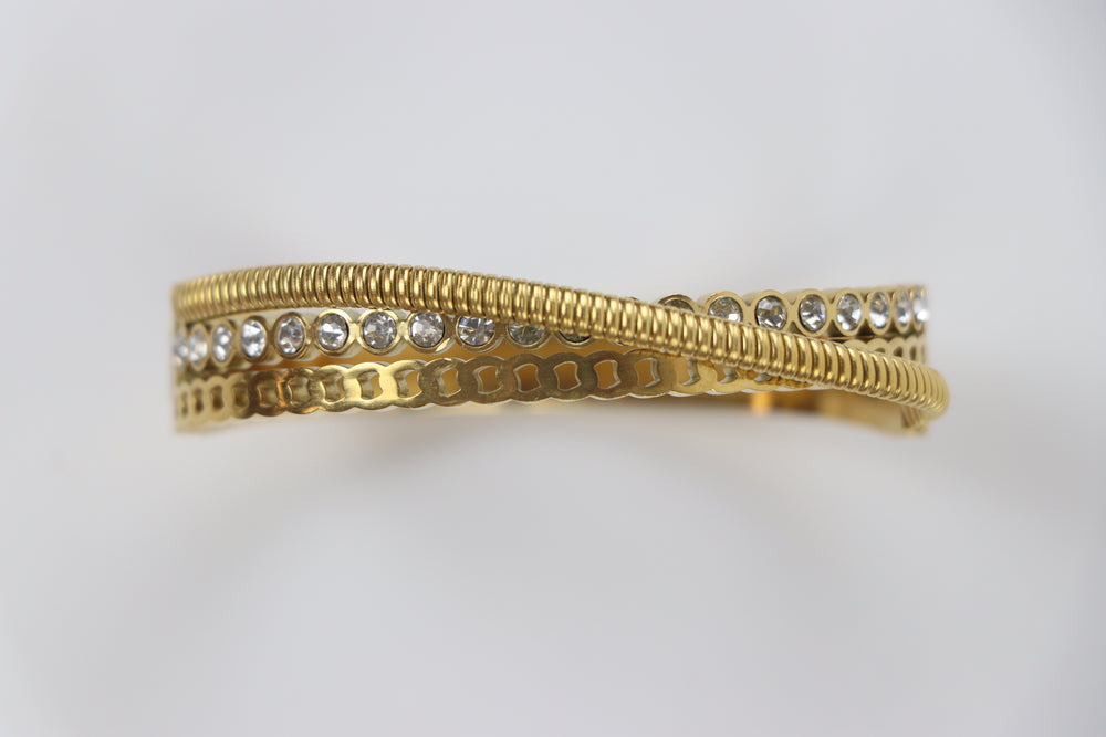 Delemon gold Verona triple layer crossover bangle bracelet with bezel-set crystals and textured rope strands in waterproof 18k gold plated stainless steel