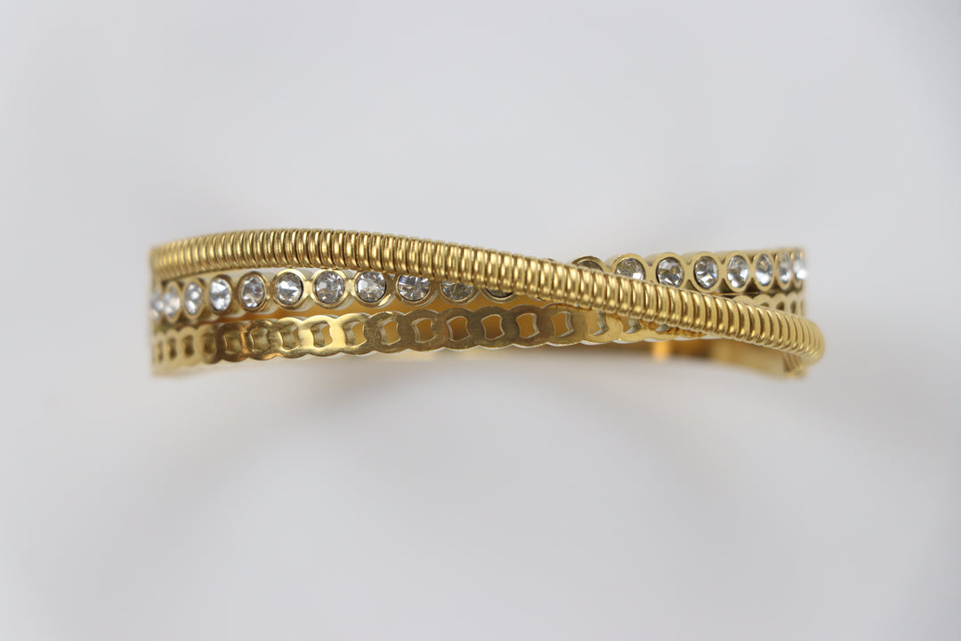 Delemon gold Verona triple layer crossover bangle bracelet with bezel-set crystals and textured rope strands in waterproof 18k gold plated stainless steel