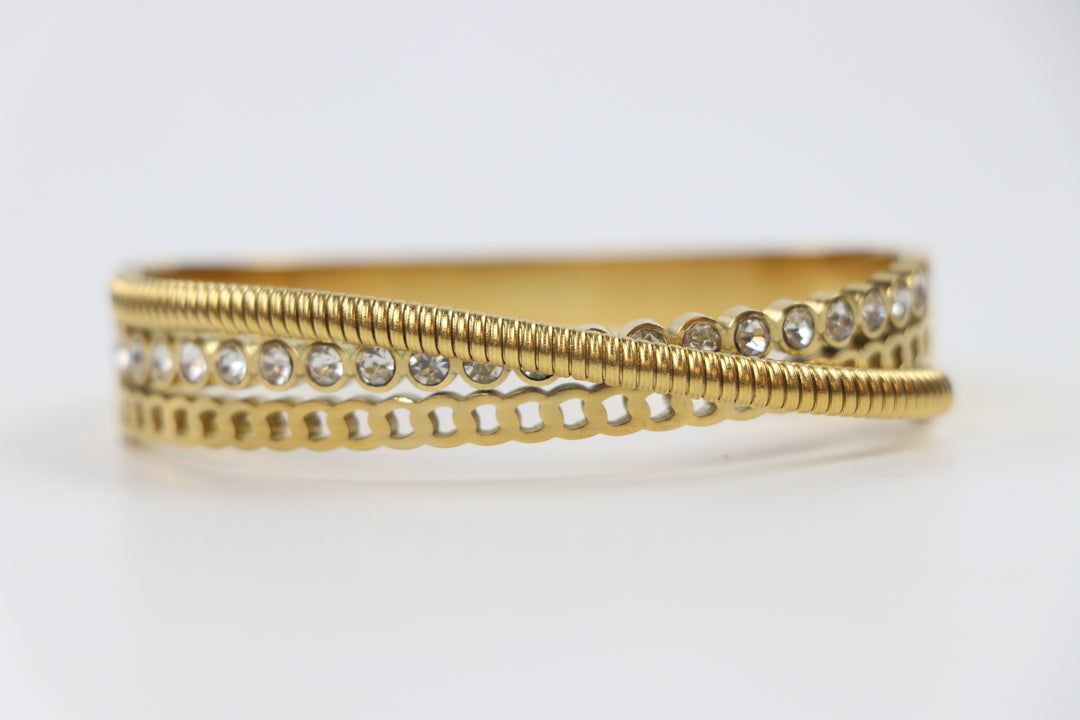 Delemon gold Verona triple layer crossover bangle bracelet with bezel-set crystals and textured rope strands in waterproof 18k gold plated stainless steel