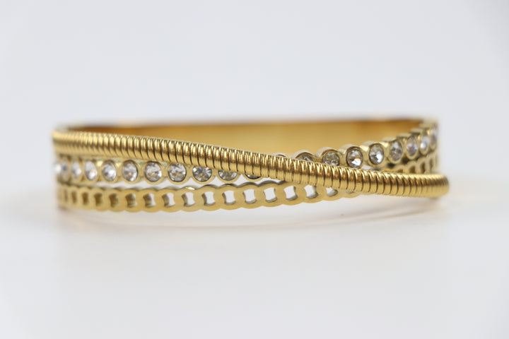 Delemon gold Verona triple layer crossover bangle bracelet with bezel-set crystals and textured rope strands in waterproof 18k gold plated stainless steel