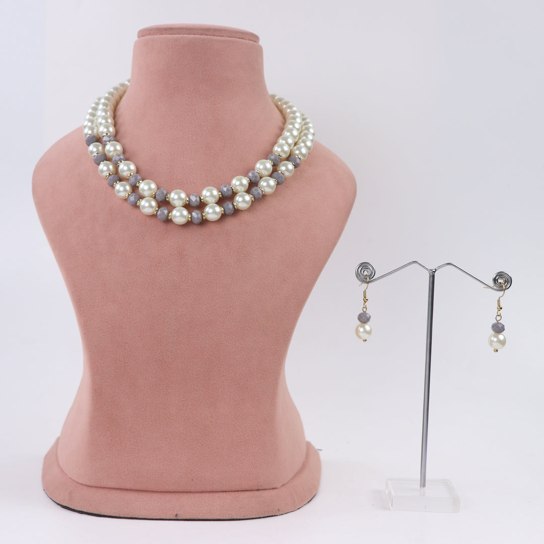 Delemon grey crystal and cream pearl double-strand layered necklace with matching drop earrings
