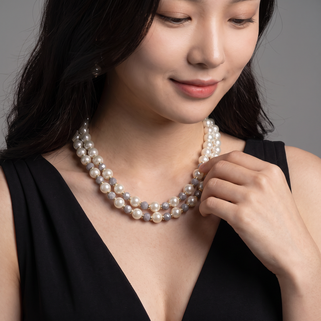 Delemon grey crystal and cream pearl double-strand layered necklace with matching drop earrings