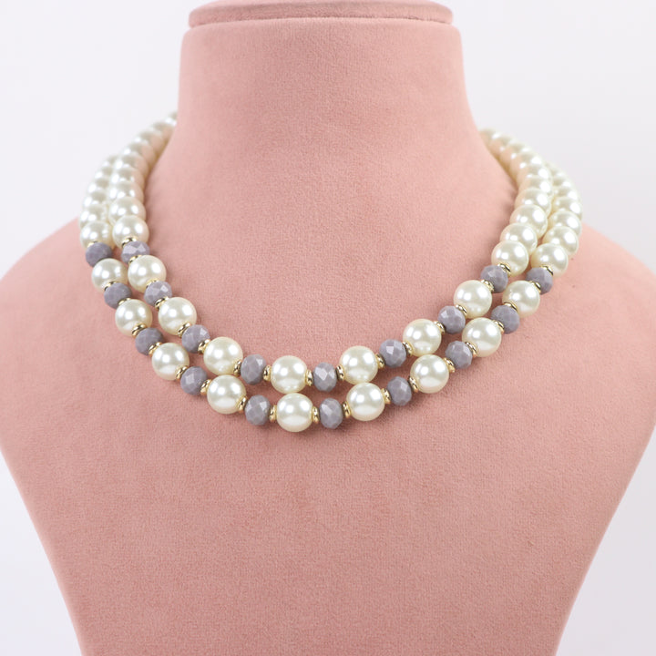 Delemon grey crystal and cream pearl double-strand layered necklace with matching drop earrings