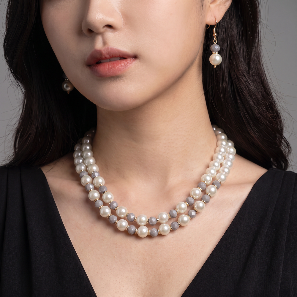 Delemon grey crystal and cream pearl double-strand layered necklace with matching drop earrings