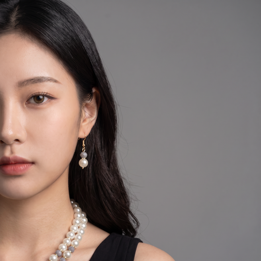 Delemon grey crystal and cream pearl double-strand layered necklace with matching drop earrings