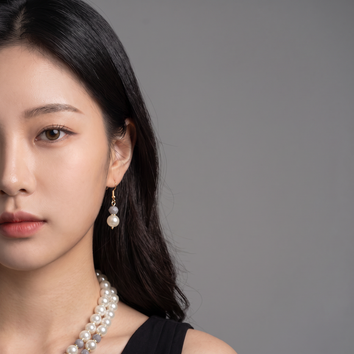 Delemon grey crystal and cream pearl double-strand layered necklace with matching drop earrings