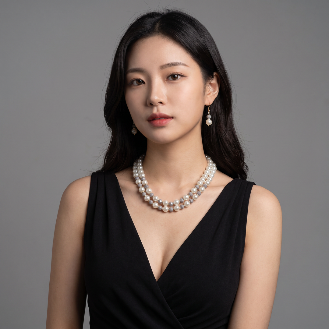 Delemon grey crystal and cream pearl double-strand layered necklace with matching drop earrings