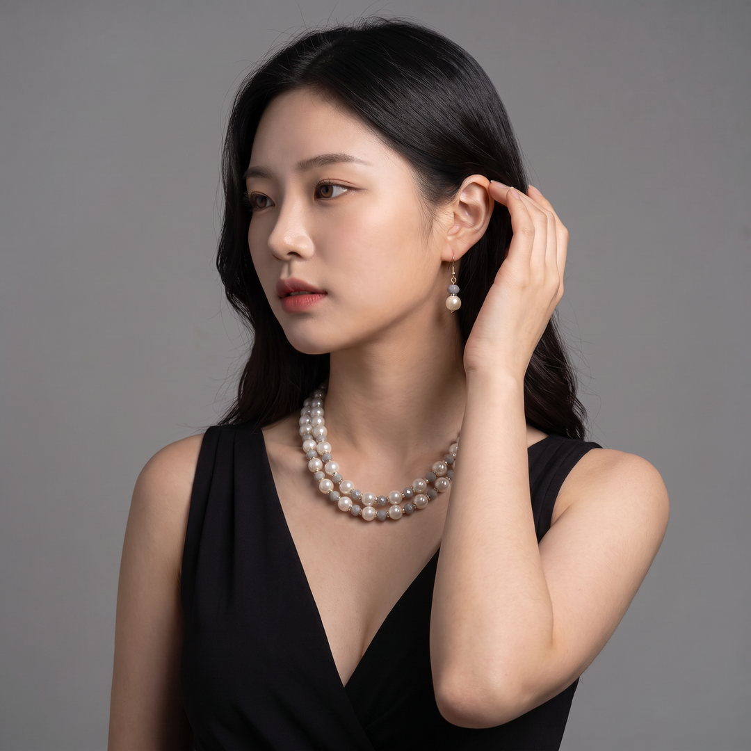 Delemon grey crystal and cream pearl double-strand layered necklace with matching drop earrings