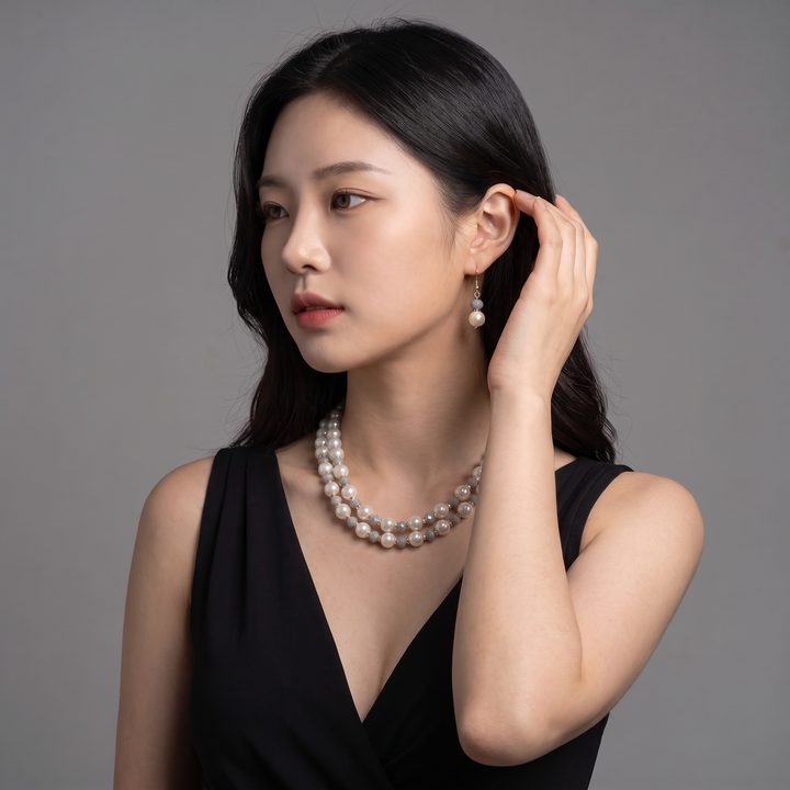 Delemon grey crystal and cream pearl double-strand layered necklace with matching drop earrings