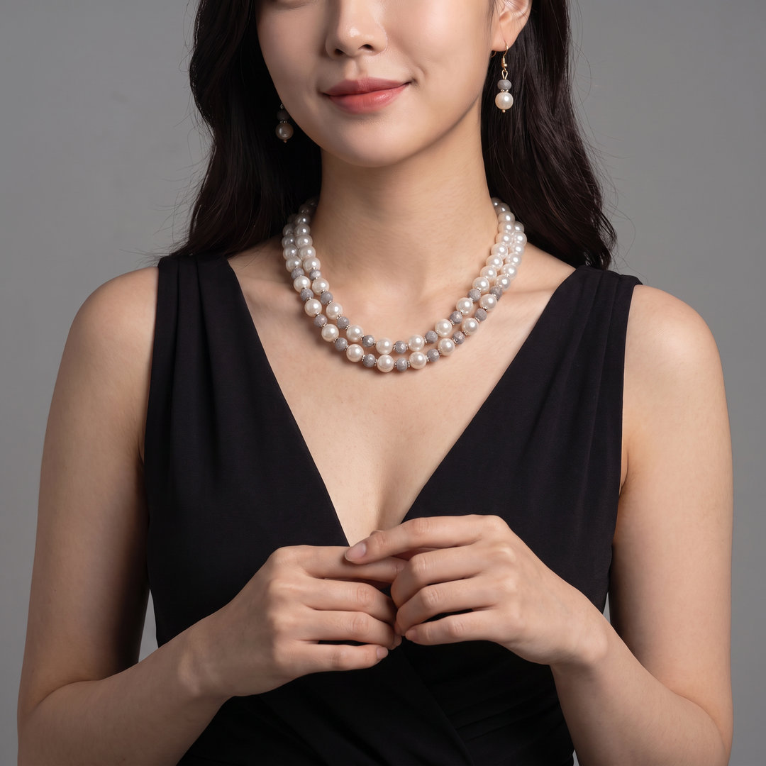 Delemon grey crystal and cream pearl double-strand layered necklace with matching drop earrings