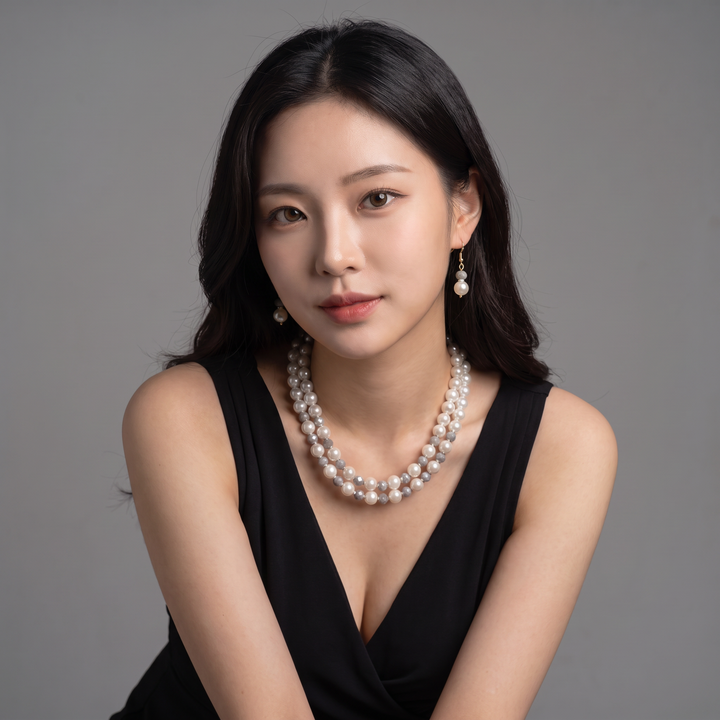 Delemon grey crystal and cream pearl double-strand layered necklace with matching drop earrings