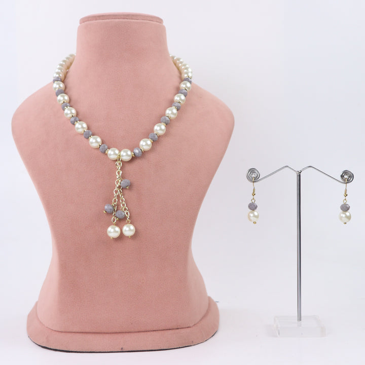 Delemon grey crystal and cream pearl Y-drop necklace with matching drop earrings