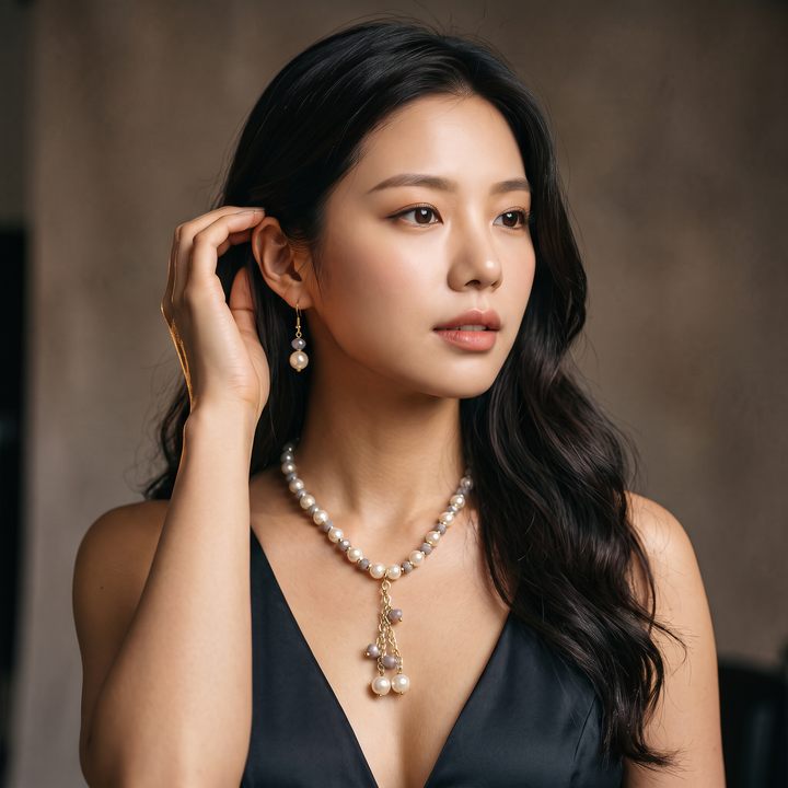 Delemon grey crystal and cream pearl Y-drop necklace with matching drop earrings