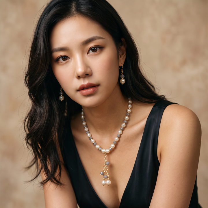 Delemon grey crystal and cream pearl Y-drop necklace with matching drop earrings