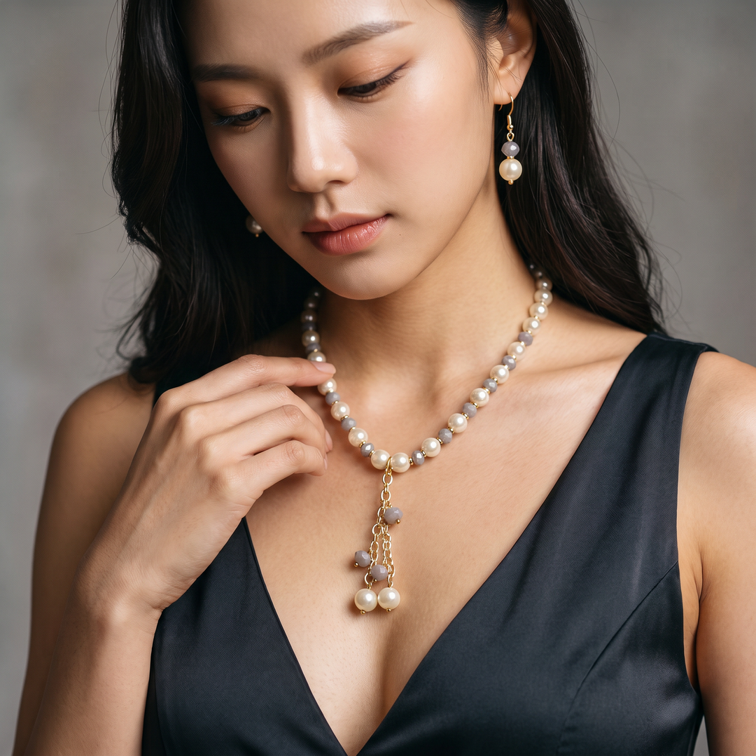Delemon grey crystal and cream pearl Y-drop necklace with matching drop earrings