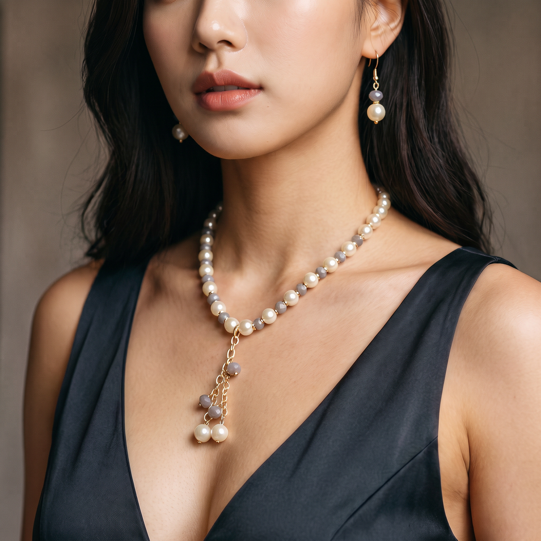 Delemon grey crystal and cream pearl Y-drop necklace with matching drop earrings