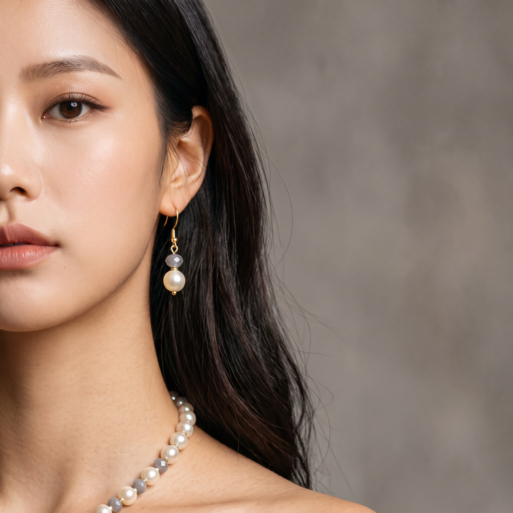 Delemon grey crystal and cream pearl Y-drop necklace with matching drop earrings