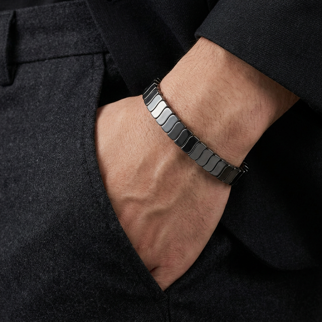 Delemon featuring a uniform stretch bracelet with slim, gently curved polished metallic hematite rectangular drum blocks
