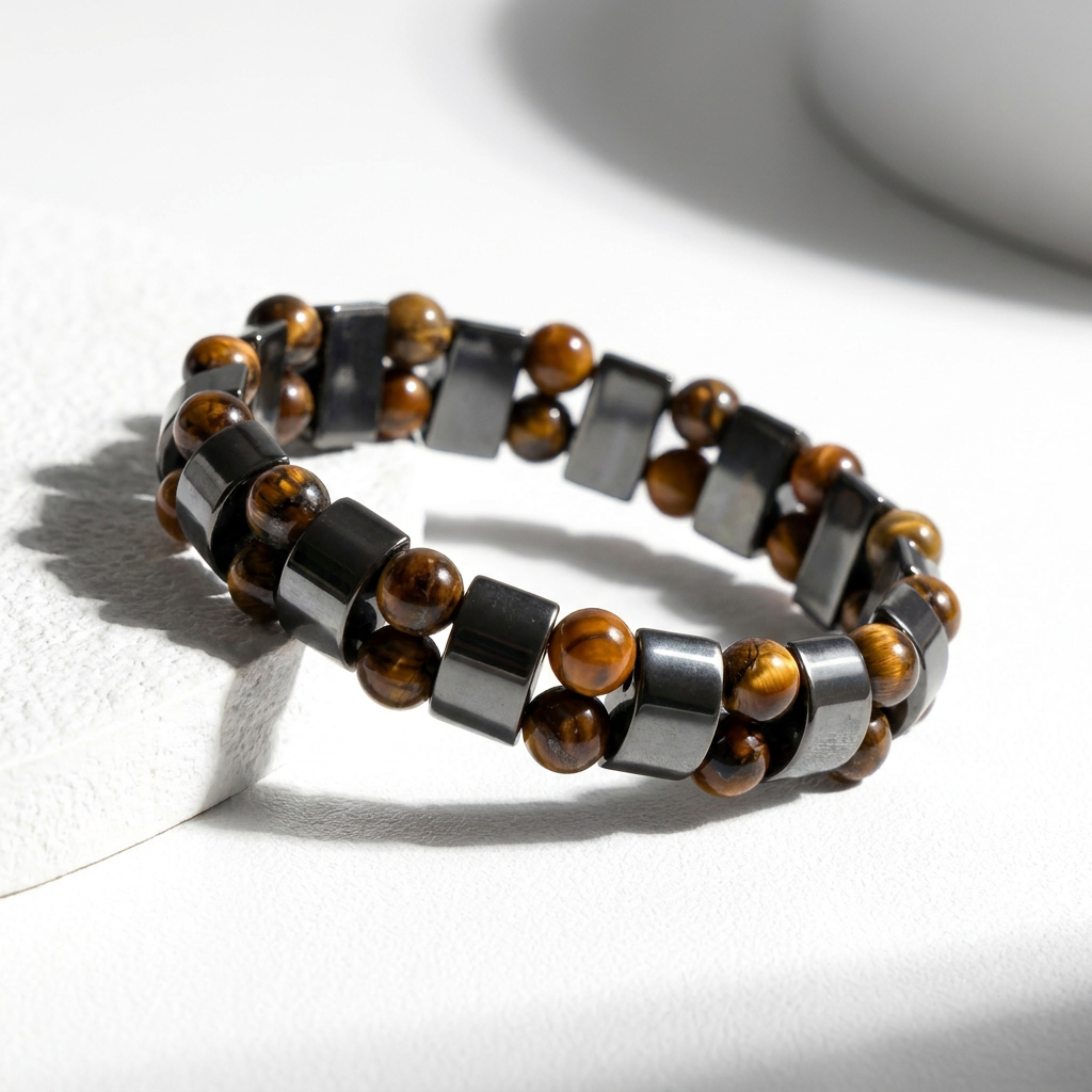 Delemon featuring a double row stretch bracelet with polished metallic hematite rectangular blocks and natural golden brown Tiger's eye gemstone beads