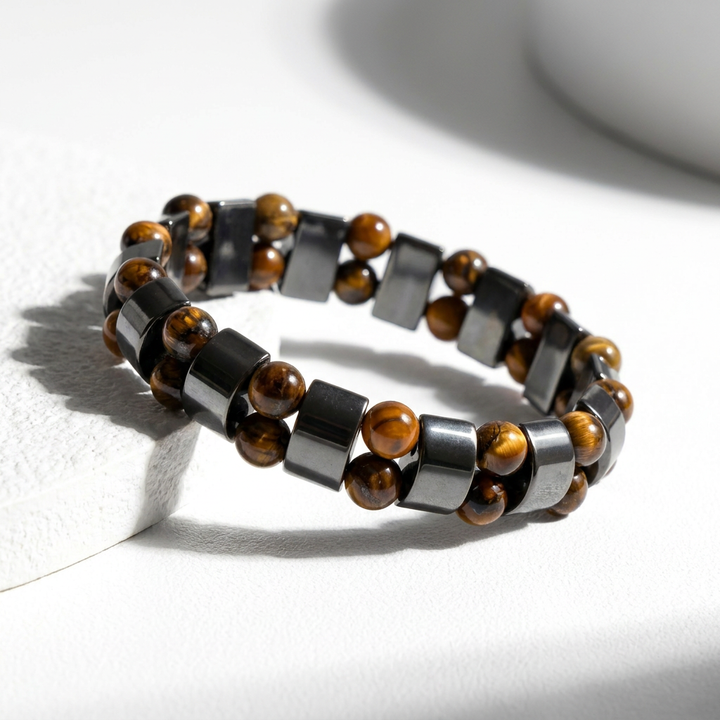 Delemon featuring a double row stretch bracelet with polished metallic hematite rectangular blocks and natural golden brown Tiger's eye gemstone beads