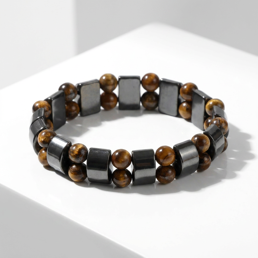Delemon featuring a double row stretch bracelet with polished metallic hematite rectangular blocks and natural golden brown Tiger's eye gemstone beads