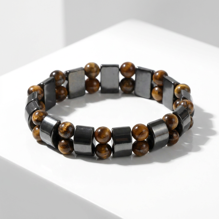 Delemon featuring a double row stretch bracelet with polished metallic hematite rectangular blocks and natural golden brown Tiger's eye gemstone beads