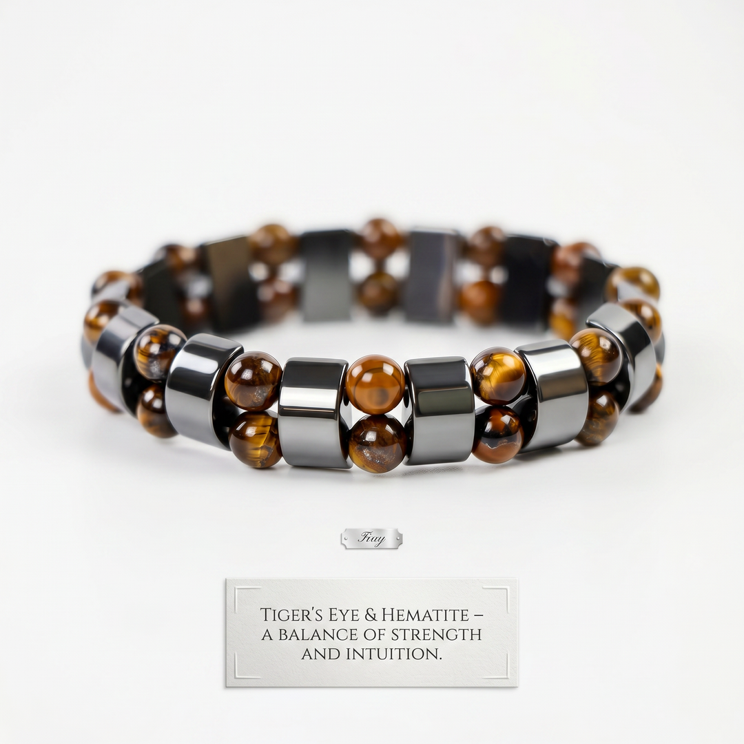 Delemon featuring a double row stretch bracelet with polished metallic hematite rectangular blocks and natural golden brown Tiger's eye gemstone beads