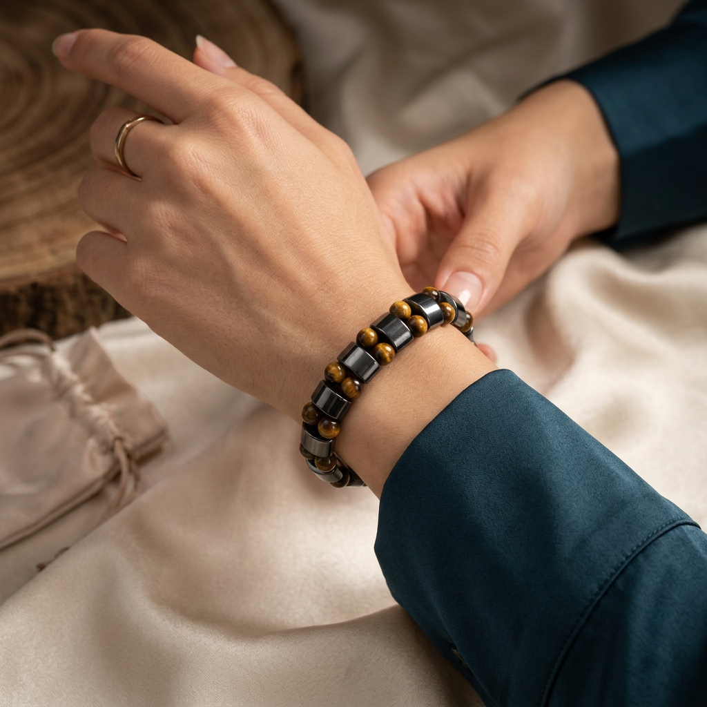 Delemon featuring a double row stretch bracelet with polished metallic hematite rectangular blocks and natural golden brown Tiger's eye gemstone beads
